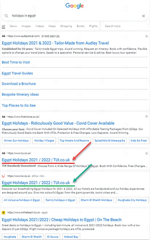 Результаты выдачи в поисковике по запросу holidays in egypt Пример эффективного взаимодействия каналов продвижения сайта SEO и SEA.