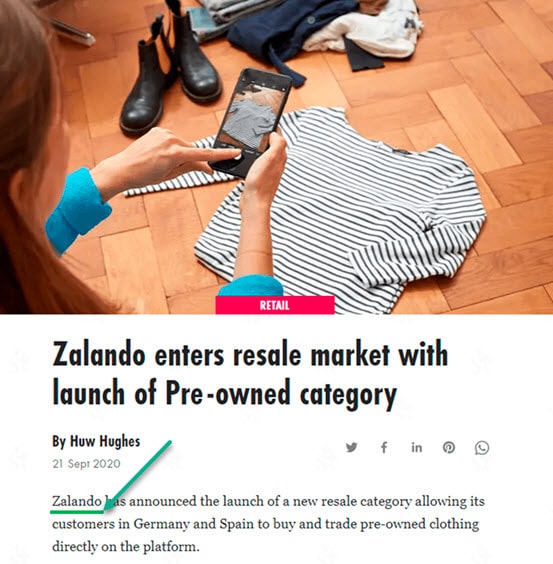 Упоминание бренда Zalando без ссылки на сайт. Упоминание бренда в статье